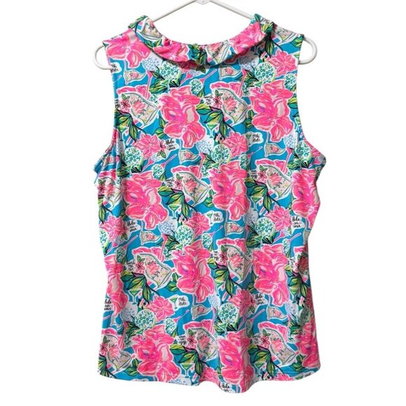 Lulu-B Women Size XL Sleeveless Ruffle Neck Hawaiian Floral Stretch Lightweight - Picture 2 of 9